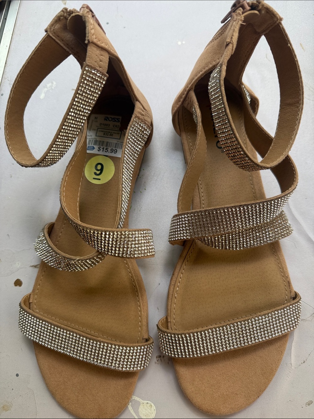 Rialto Tan Rhinestone Strappy Wedge Sandals